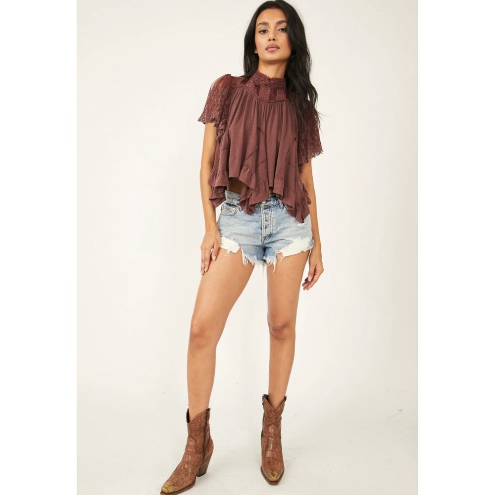 Free People Mauve Lace Ruffle Short Sleeve Blouse